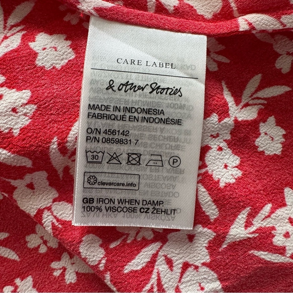 & Other Stories Red Floral Puff Sleeve Slit Midi Dress size 12 - Picture 12 of 13